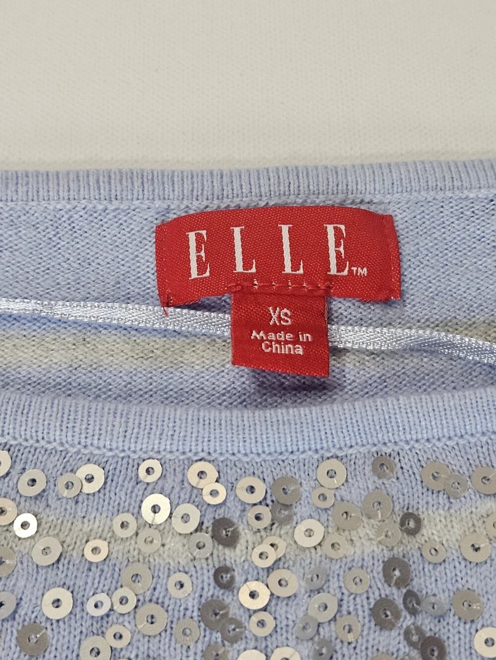 Elle Sweater Womens XS Blue Grey Stripe Sequined‎ Cottagecore Silver Sparkle